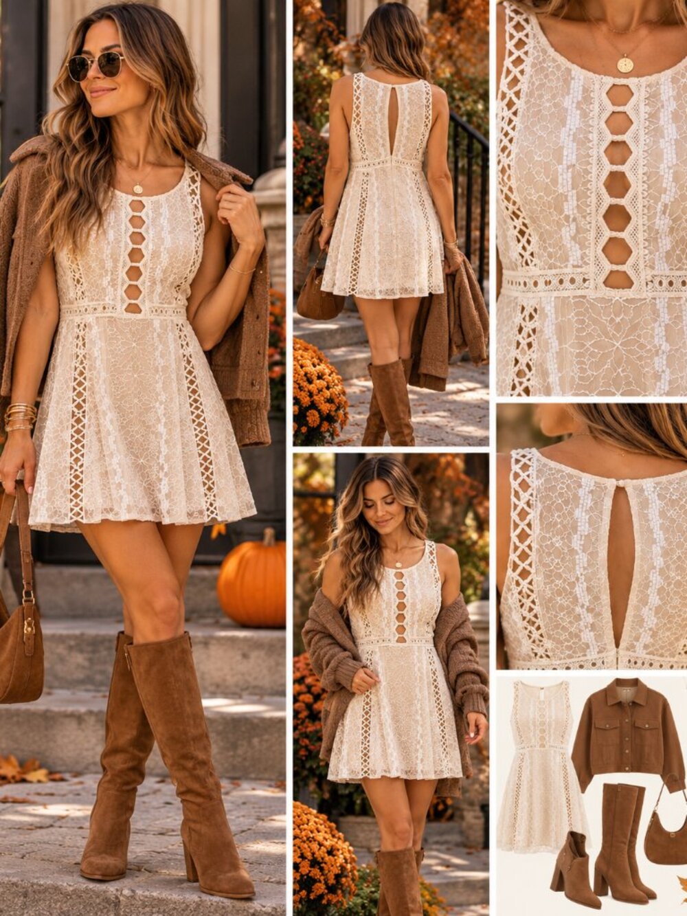 Free People Ivory Embroidered Lace Mini Dress Size 2 Boho Crochet Cutout